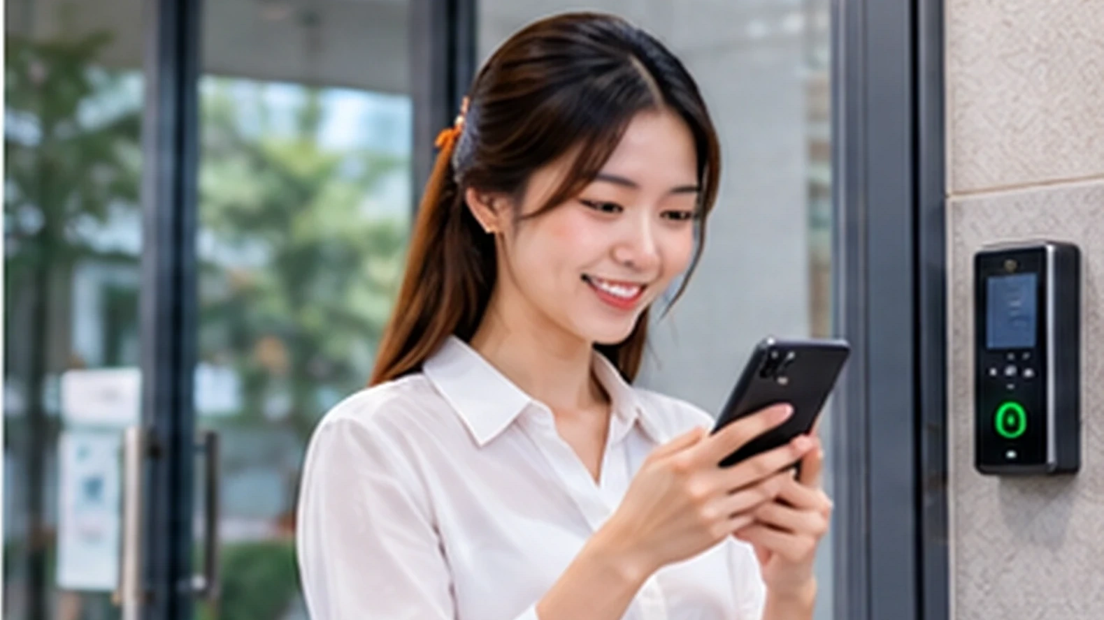 Nhân viên chấm công trên điện thoại và tại điểm làm việc