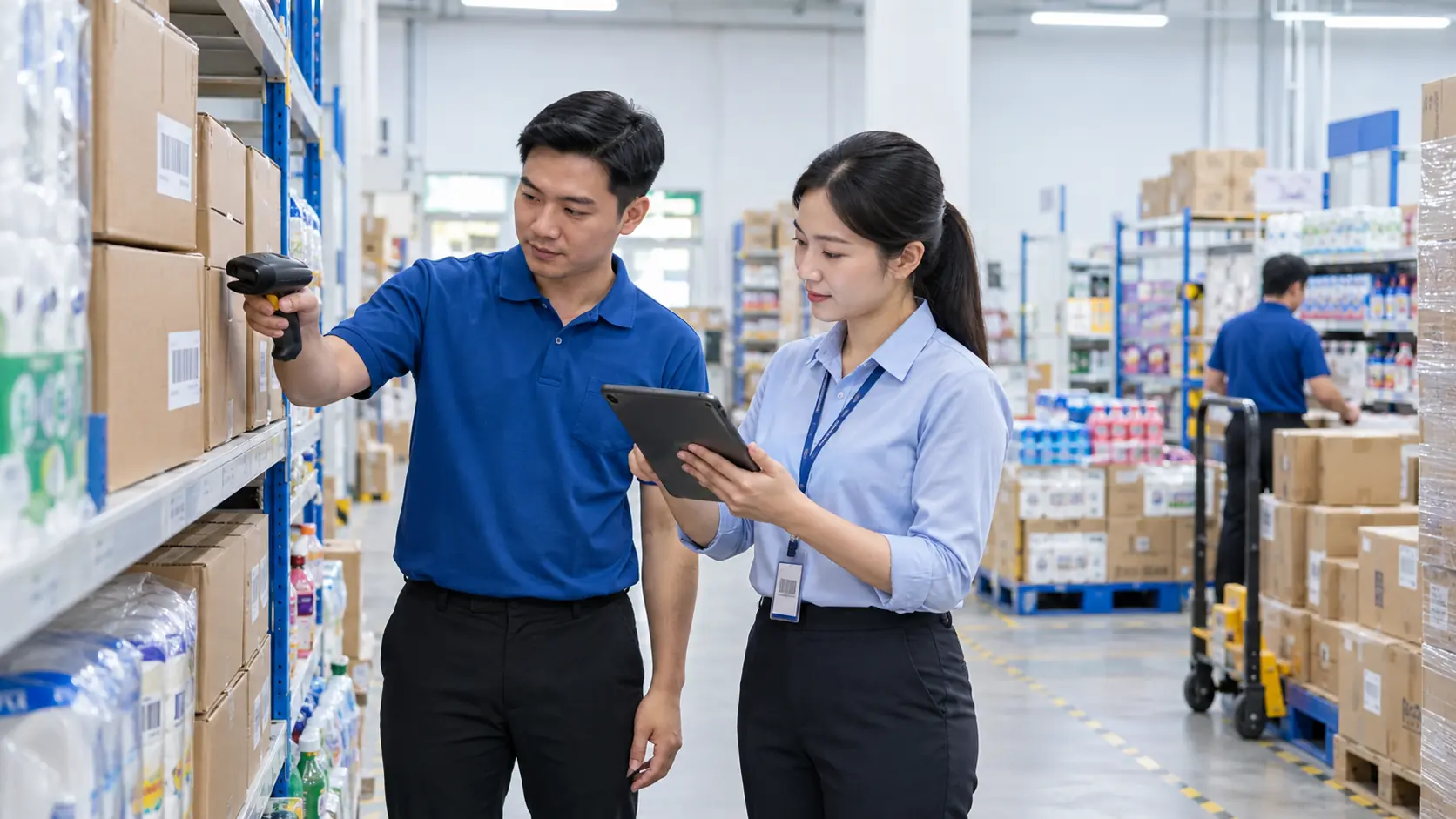 Minh họa nhân viên quét mã hàng và quản lý đối chiếu tại khu vực kho