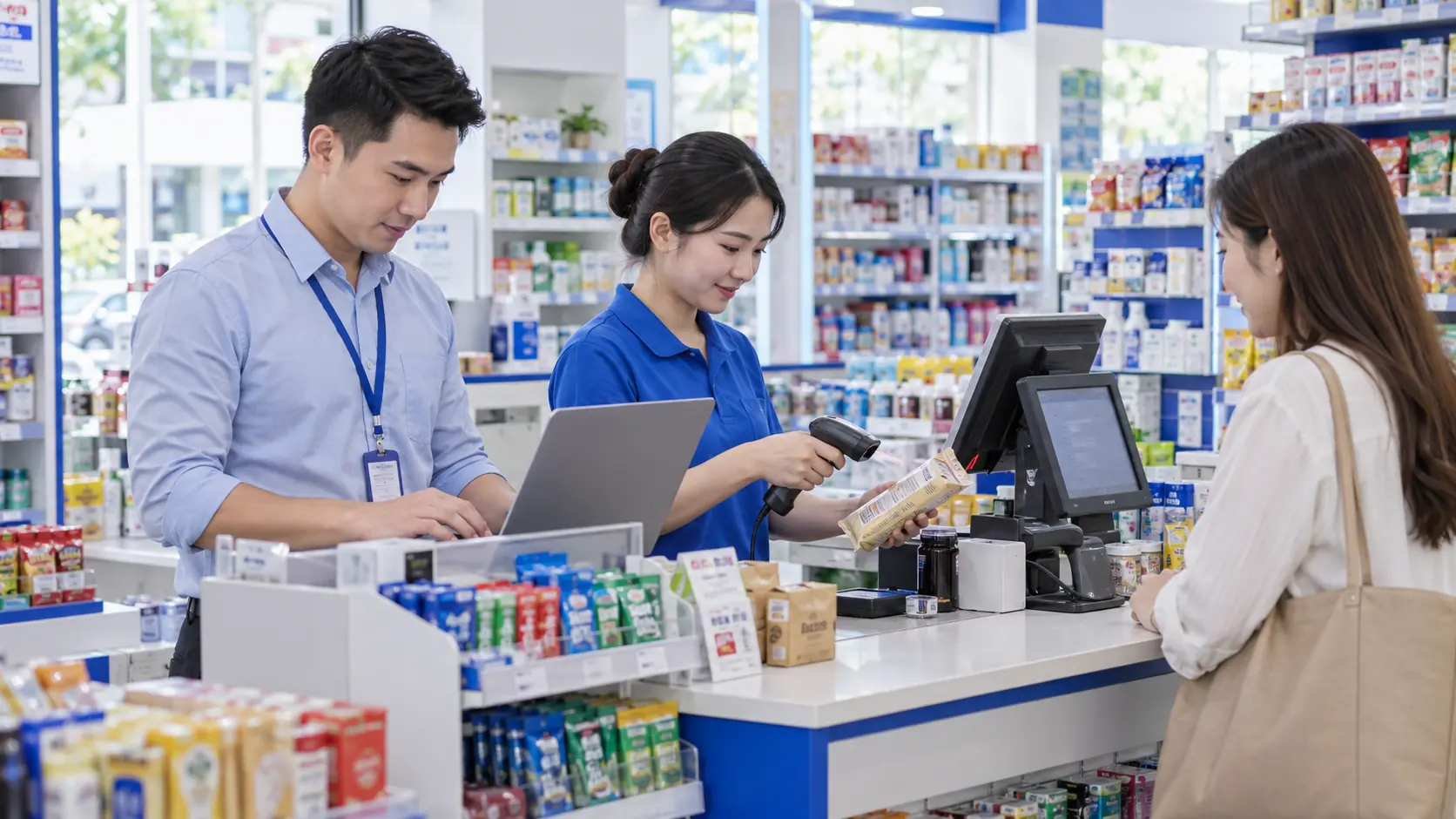 Minh họa quản lý và nhân viên vận hành quầy POS tại cửa hàng