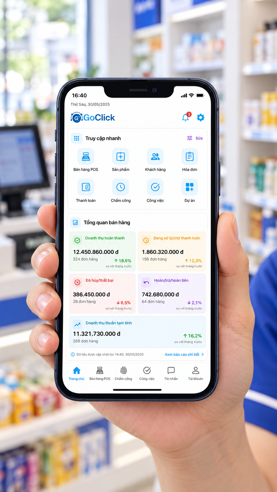 Minh họa sử dụng GoClick Mobile App tại cửa hàng với giao diện từ ảnh gốc