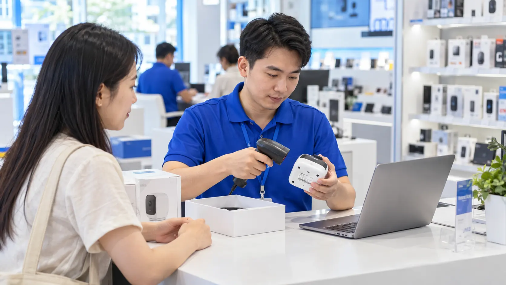 Minh họa tiếp nhận bảo hành và tra cứu serial thiết bị tại cửa hàng
