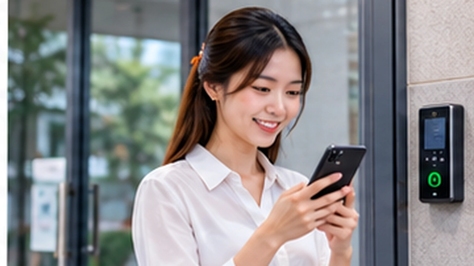 Nhân viên chấm công trên điện thoại và tại điểm làm việc