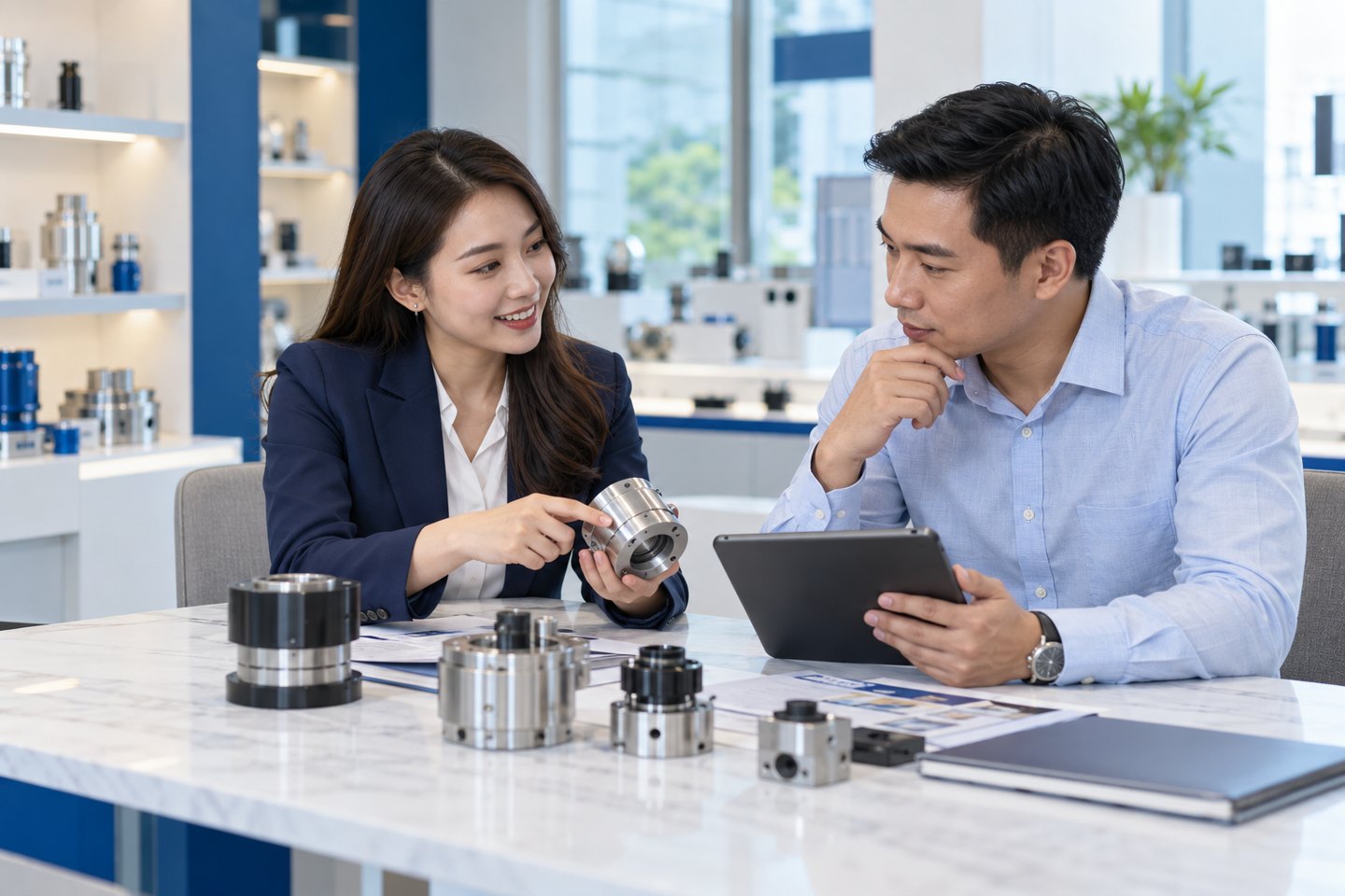 Nhân viên bán hàng B2B trao đổi sản phẩm với khách hàng