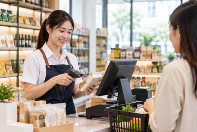 Nhân viên bán hàng Việt Nam sử dụng POS và thiết bị quét sản phẩm