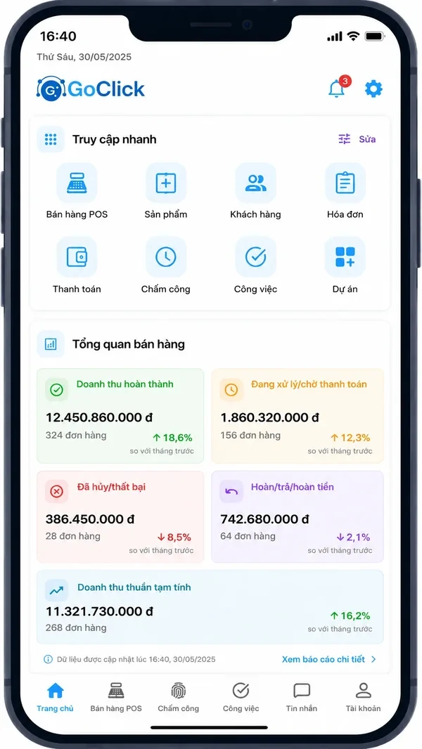 Giao diện ứng dụng GOCLICK ERP trên điện thoại