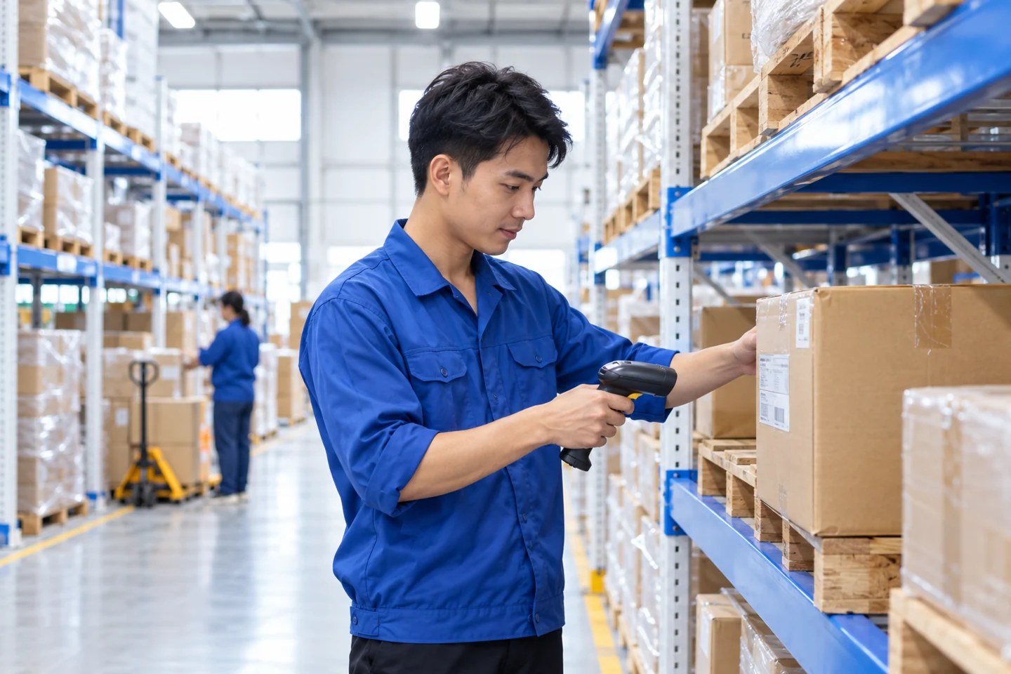 Nhân viên kho kiểm tra hàng hóa bằng máy quét mã vạch