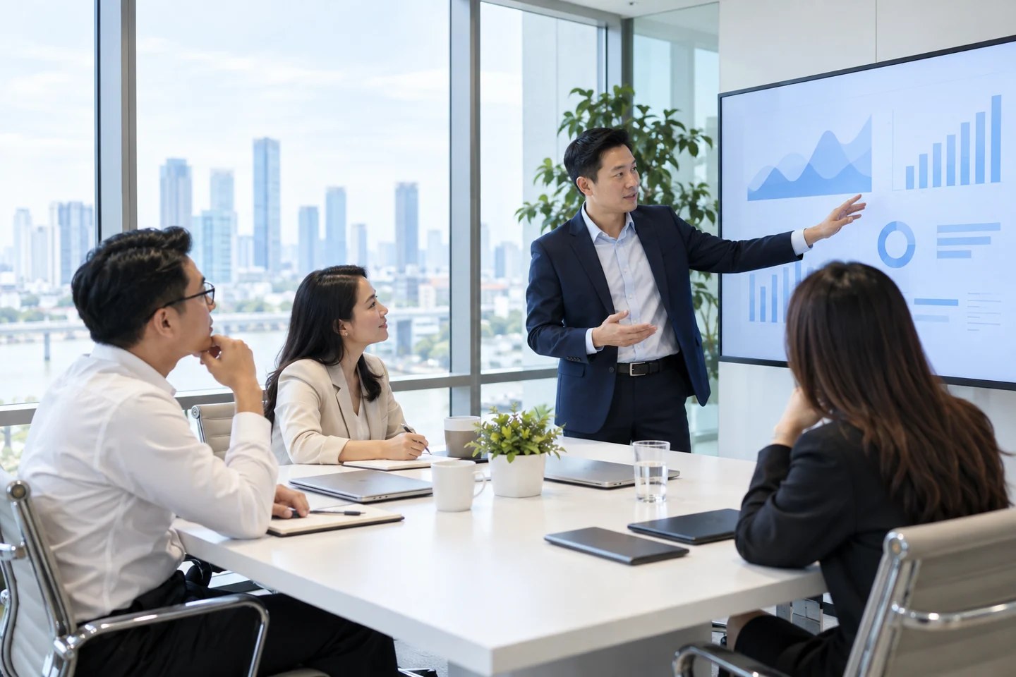 Ban lãnh đạo trao đổi và phân tích dữ liệu quản trị