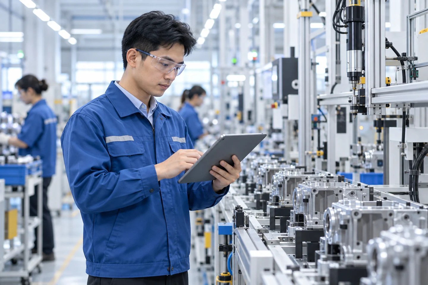 Kỹ sư kiểm tra chất lượng tại dây chuyền sản xuất