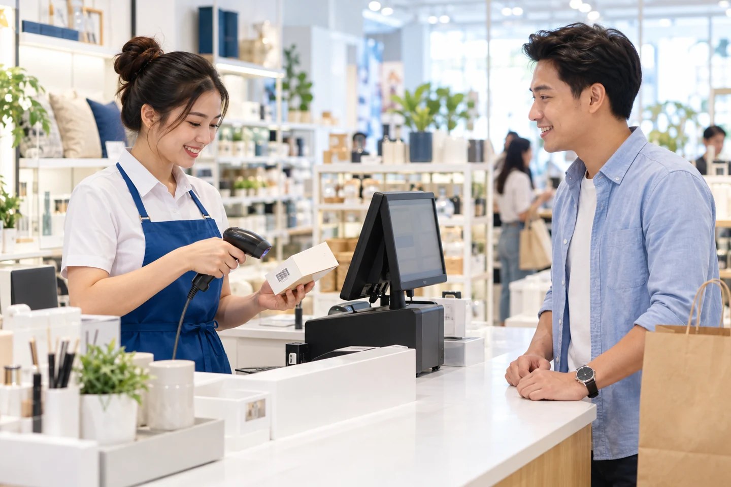 Nhân viên cửa hàng phục vụ khách hàng tại quầy POS