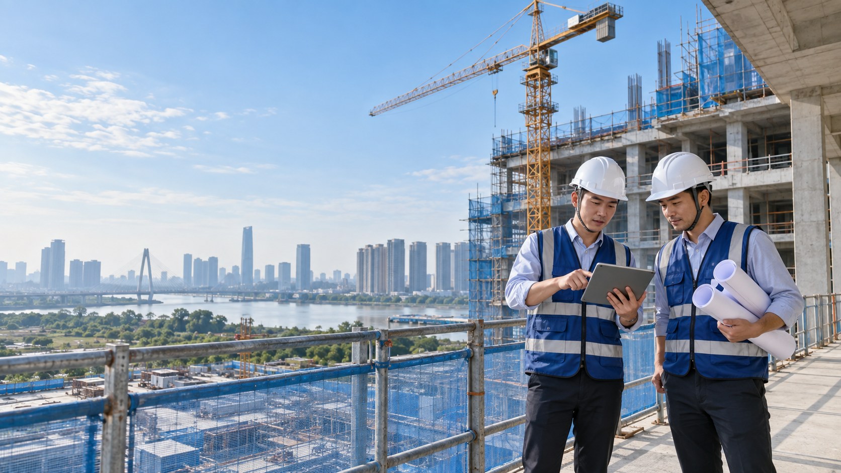 Kỹ sư tại công trường xây dựng kiểm tra kế hoạch trên máy tính bảng